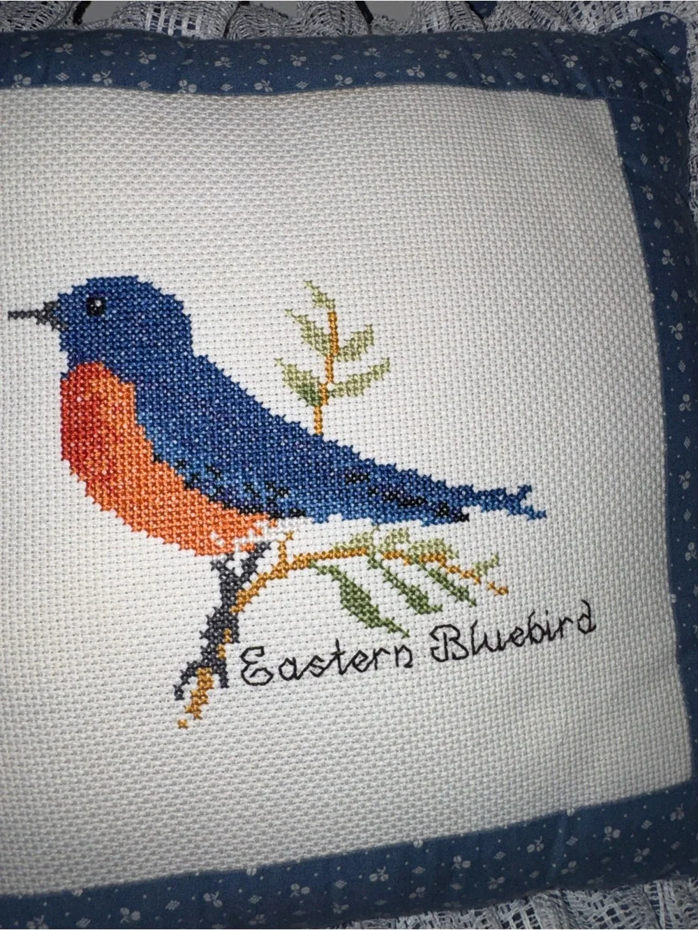 Decorative Eastern Bluebird Cross-Stitch Throw Pillow in Blue and White
